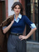 Blau & Grau 1940er Stricken Farbblock 3/4 Ärmel Shirt Jumpsuit