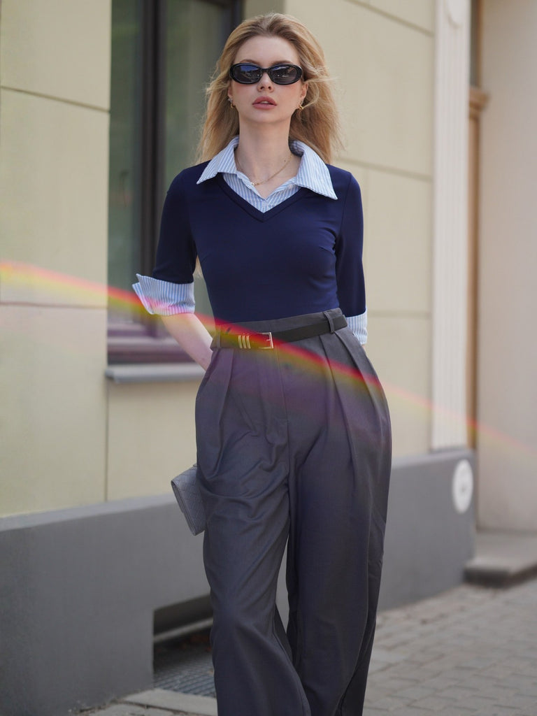 Blau & Grau 1940er Stricken Farbblock 3/4 Ärmel Shirt Jumpsuit