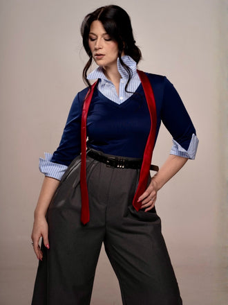 Blau & Grau 1940er Stricken Farbblock 3/4 Ärmel Shirt Jumpsuit