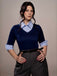 Blau & Grau 1940er Stricken Farbblock 3/4 Ärmel Shirt Jumpsuit
