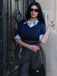 Blau & Grau 1940er Stricken Farbblock 3/4 Ärmel Shirt Jumpsuit