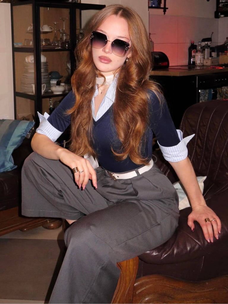 Blau & Grau 1940er Stricken Farbblock 3/4 Ärmel Shirt Jumpsuit