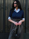Blau & Grau 1940er Stricken Farbblock 3/4 Ärmel Shirt Jumpsuit