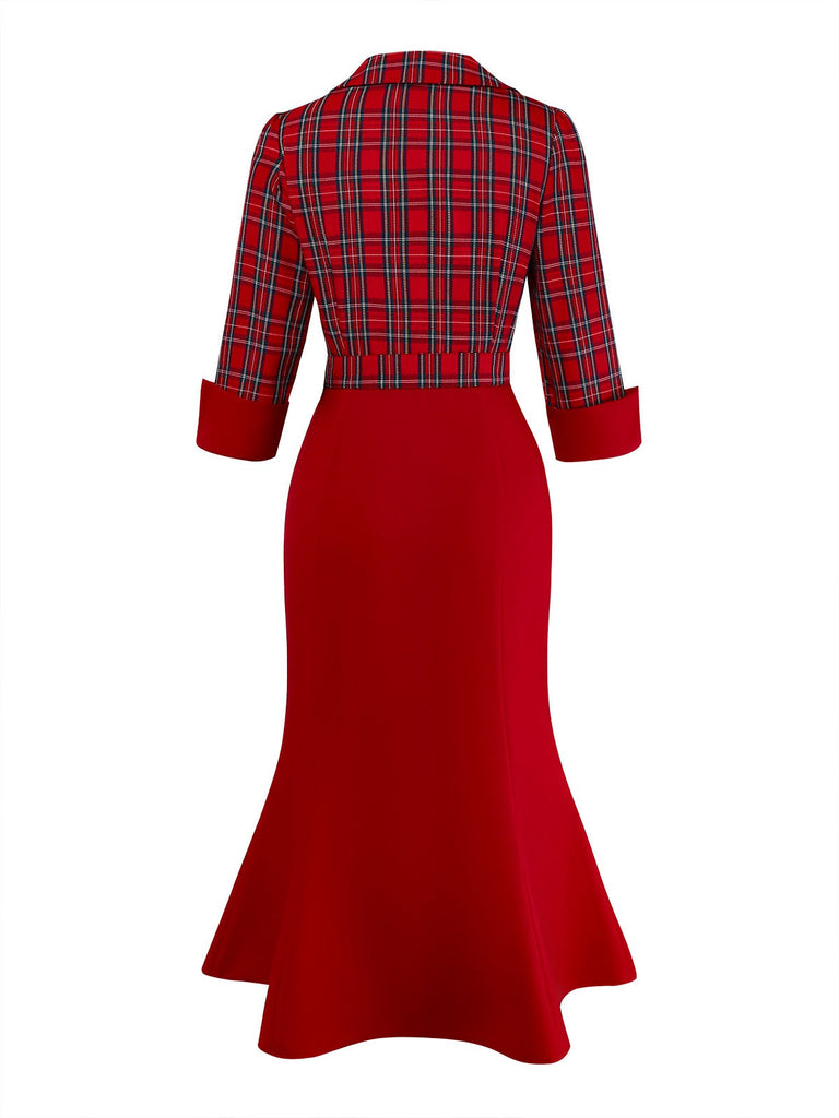 [Vorverkauf] Rot 1930er Revers Trapezausschnitt Plaid Meerjungfrauen Kleid