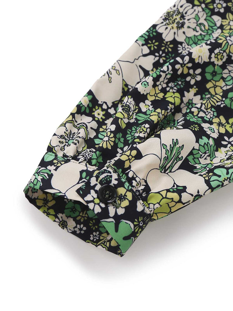 [Vorverkauf] 2PCS Grün 1960er Psychedelische Blumen Bluse & Gewellter Saum Rock