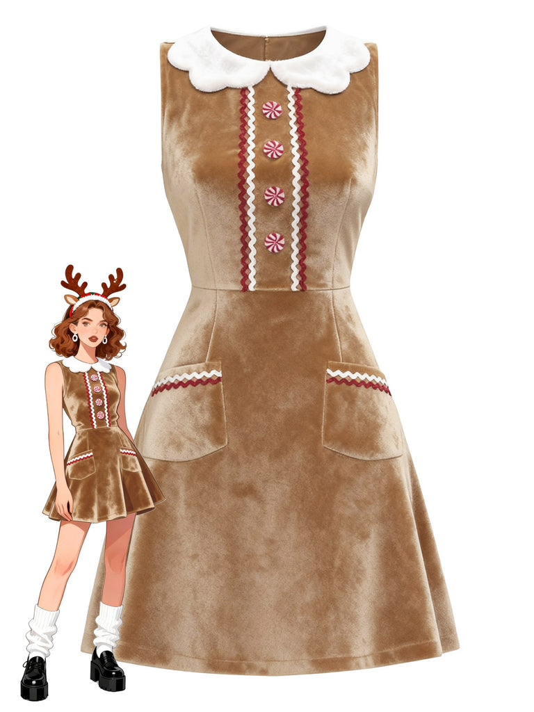 [Vorverkauf] Braun 1960er Weihnachten Lebkuchen Samt Kleid