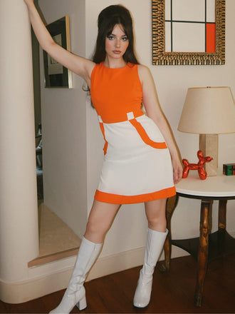 Orange & Weiß 1960er Farbblock Ärmelloses Mod Kleid