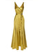 [Vorverkauf] Gold 1970er Satin Perle Taille Rüschen Slit Kleid