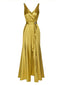 [Vorverkauf] Gold 1970er Satin Perle Taille Rüschen Slit Kleid