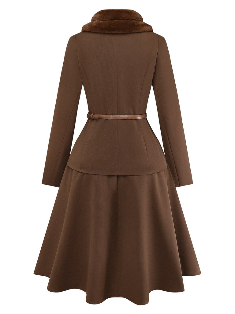 [Vorverkauf] 2PCS Braun 1940er Doppel Kunstpelz Kragen Jacke & A-Linien Rock