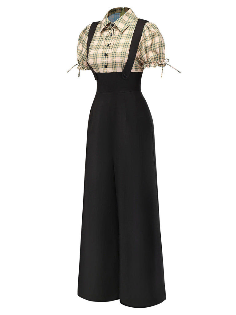 [Vorverkauf] Gelb 1940er Karo Bogen Faux Zweiteiler Hosenträger Jumpsuit