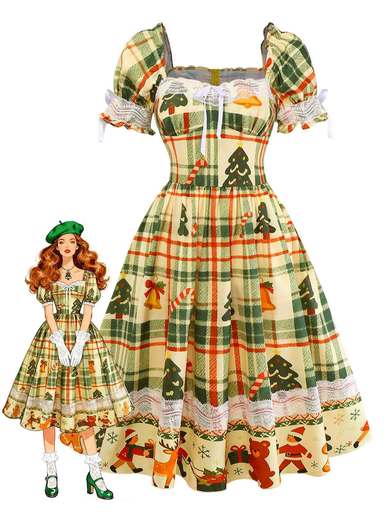 [Vorverkauf] Multicolor 1950er Weihnachten Tartan Spitze Kleid