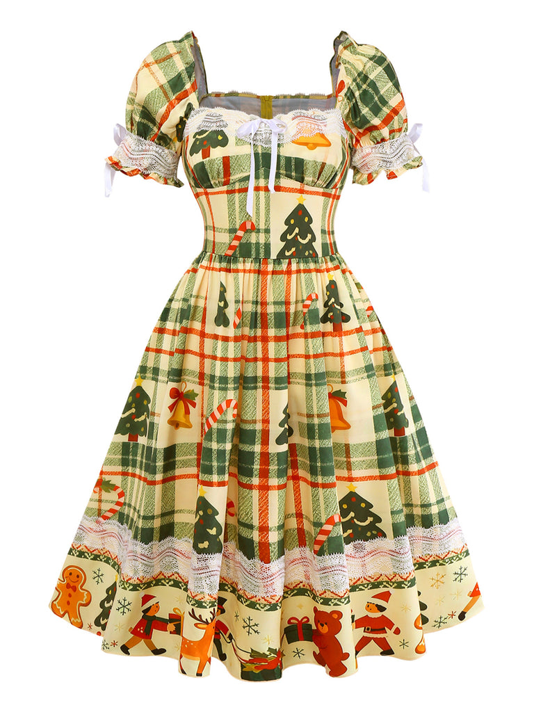[Vorverkauf] Multicolor 1950er Weihnachten Tartan Spitze Kleid