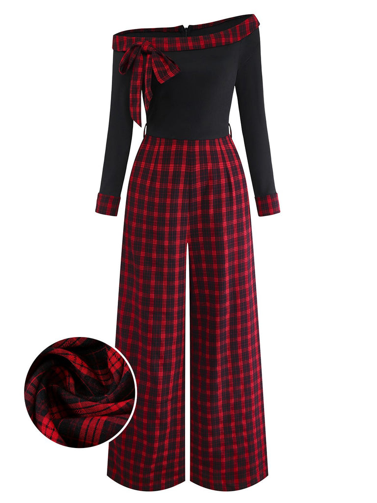 [Vorverkauf] Rot 1940er Schulterfrei Bogen Karo Patchwork Jumpsuit