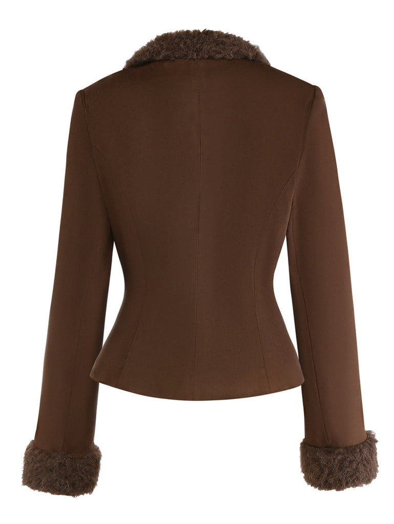 [Vorverkauf] Dunkelbraun 1960er Faux Wildleder Pelzig Revers Jacke