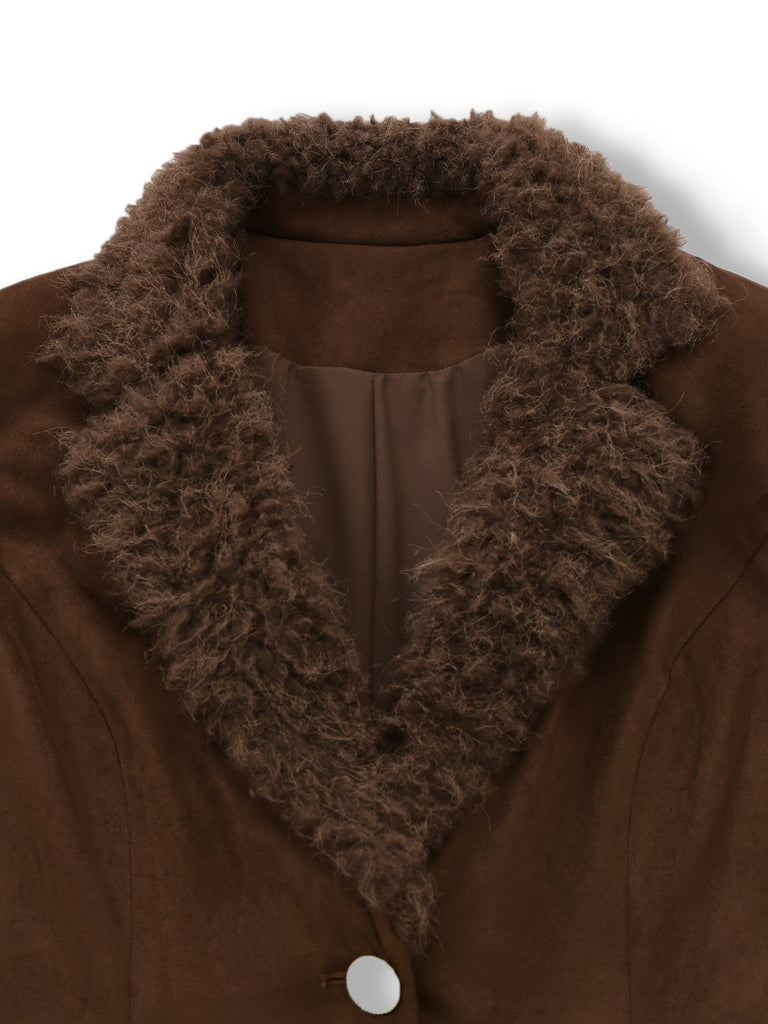 [Vorverkauf] Dunkelbraun 1960er Faux Wildleder Pelzig Revers Jacke