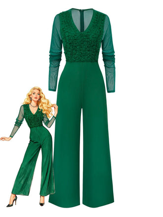 1950er Solide Tiefer V-Ausschnitt Rüschen Durchsichtige Ärmel Jumpsuit