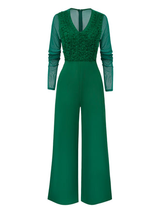 1950er Solide Tiefer V-Ausschnitt Rüschen Durchsichtige Ärmel Jumpsuit