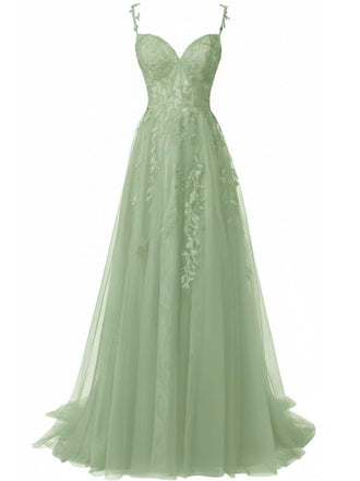 Grün 1930er Spaghetti Träger Spitze Tüll Maxi Kleid