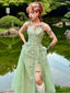 Grün 1930er Spaghetti Träger Spitze Tüll Maxi Kleid