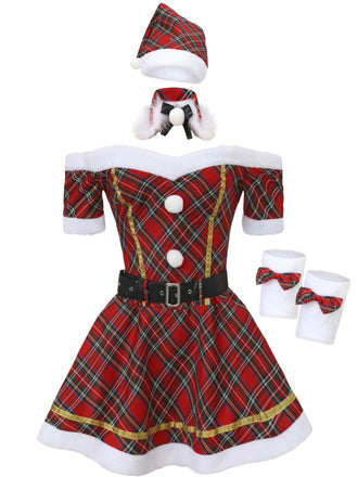 Rot 1960er Schulterfrei Plaid Weihnachten Kleid Set