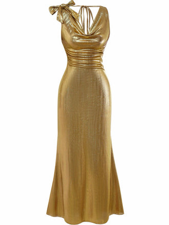 Gold 1930er Metallisch Texturiert Bogen Wasserfallkragen Kleid