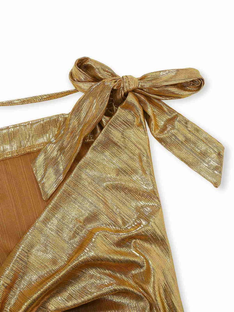 Gold 1930er Metallisch Texturiert Bogen Wasserfallkragen Kleid