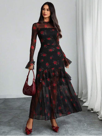 Rot 1930er Blumen Netz Rüschen Maxi Kleid