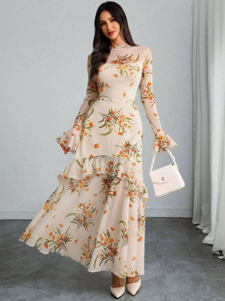 Schwarz 1930er Blumen Netz Rüschen Maxi Kleid