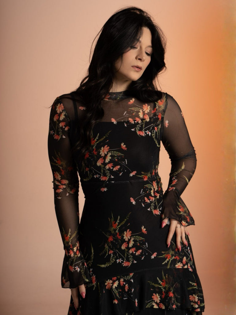 Schwarz 1930er Blumen Netz Rüschen Maxi Kleid