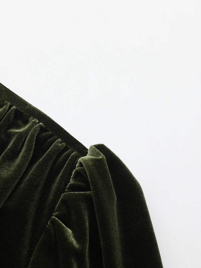 Grün 1940er Samt Tief-V Puffärmel Gerüschtes Kleid