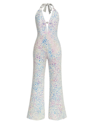 Metallisch 1980er Leopard Halter Tief-V Rückenfrei Jumpsuit