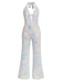 Metallisch 1980er Leopard Halter Tief-V Rückenfrei Jumpsuit