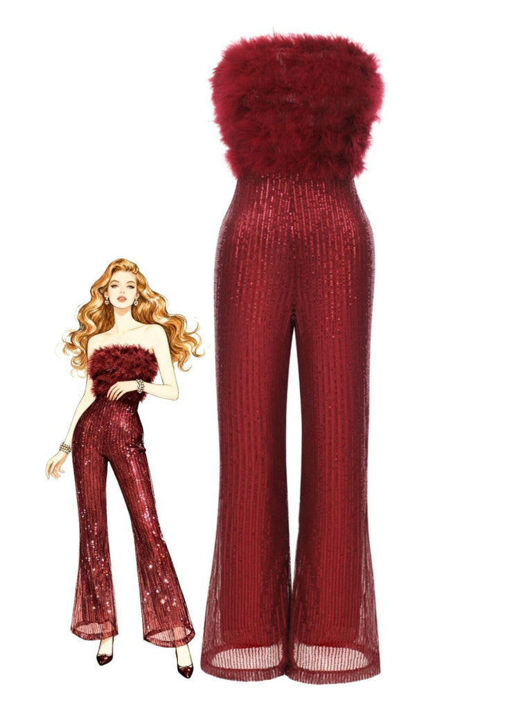 1950er Solide Feder Pailletten Patchwork Trägerlos Jumpsuit