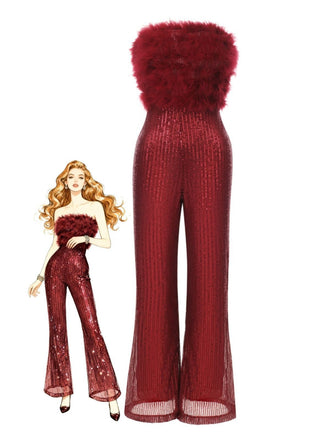 1950er Solide Feder Pailletten Patchwork Trägerlos Jumpsuit