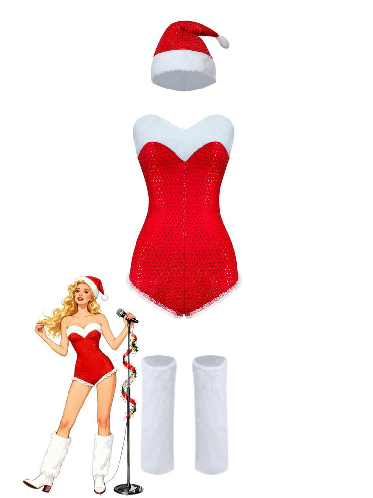 1980er Pailletten Weihnachten Trägerlos Romper Mit Hut & Stulpen