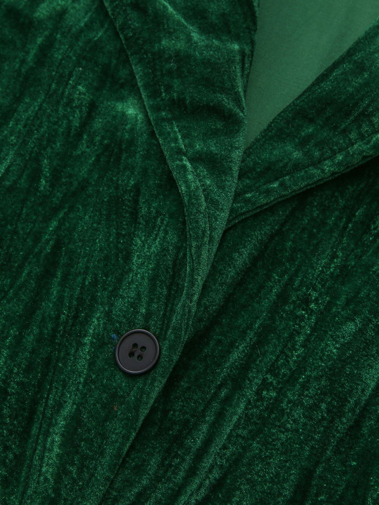 2PCS Grün 1980er Solide Plissiertes Flanell Blazer & Weites Bein Hose