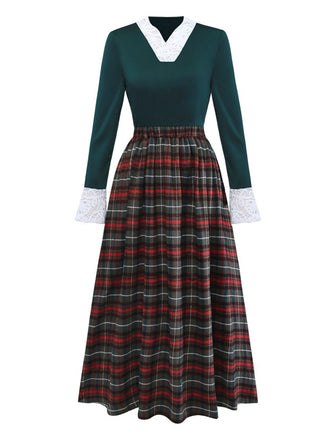 Grün 1930er Plaid Spitze Patchwork V-Ausschnitt Kleid