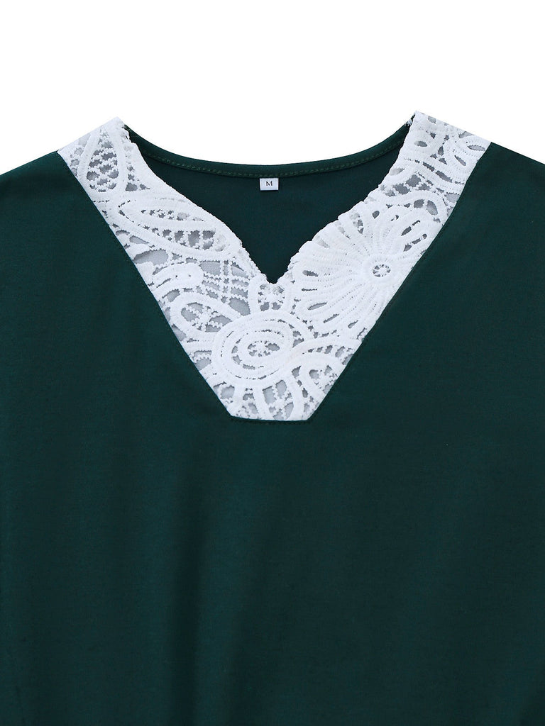 Grün 1930er Plaid Spitze Patchwork V-Ausschnitt Kleid