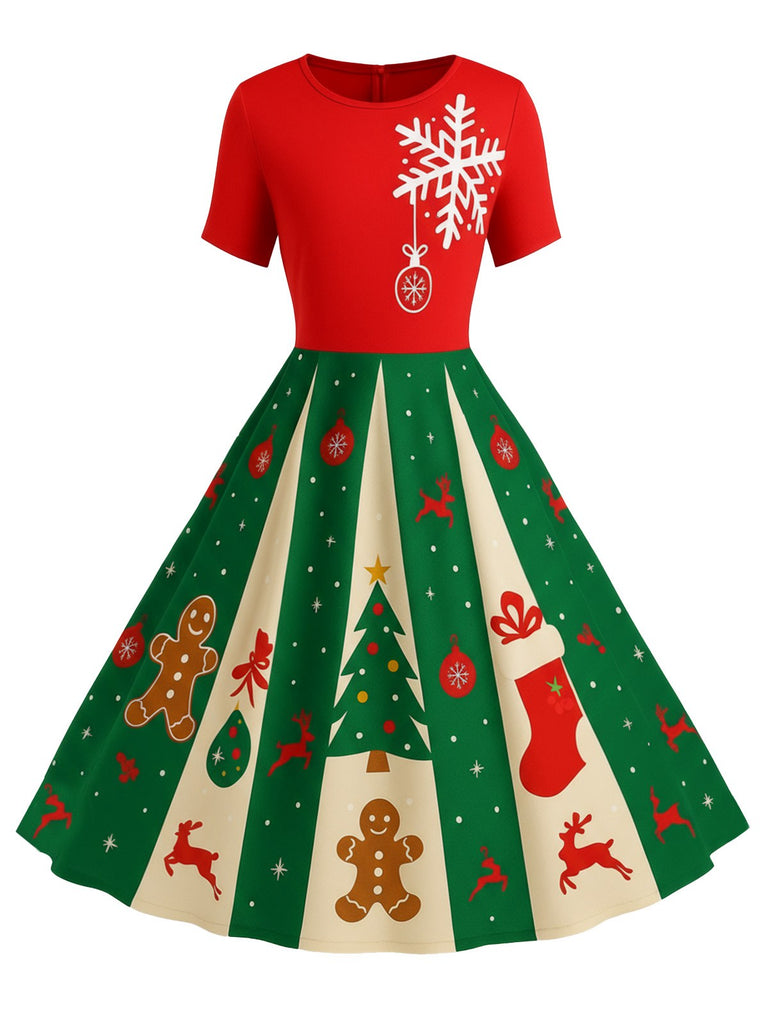 [Vorverkauf] Rot & Grün 1950er Weihnachten Schneeflocke Swing Kleid