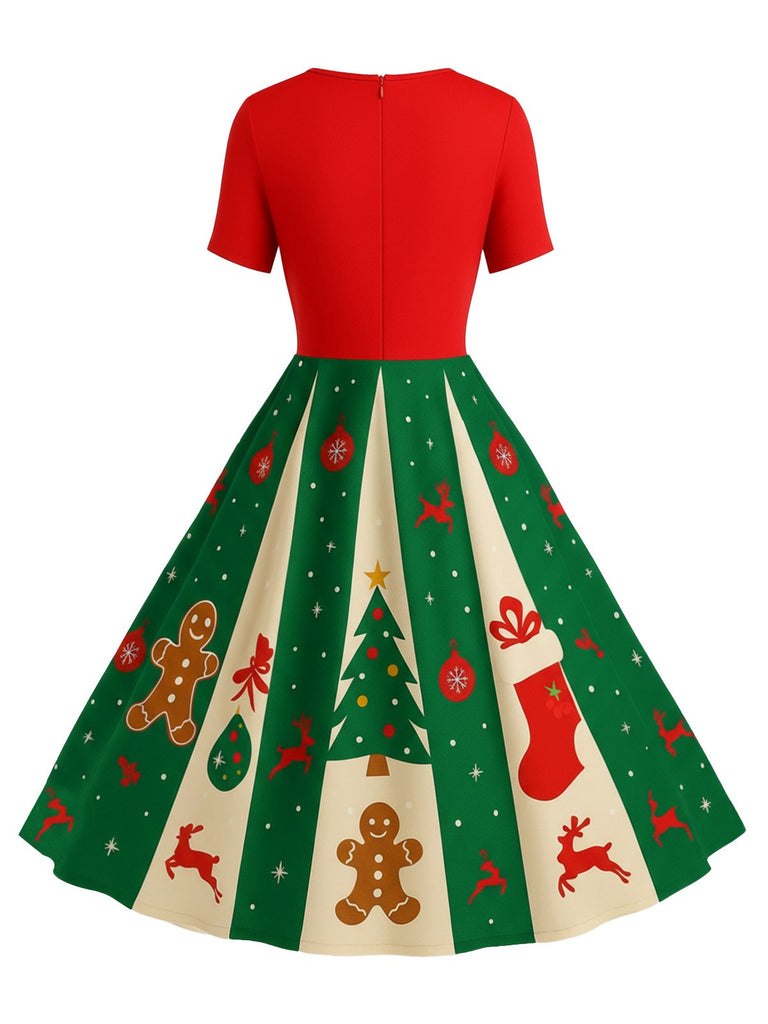 [Vorverkauf] Rot & Grün 1950er Weihnachten Schneeflocke Swing Kleid