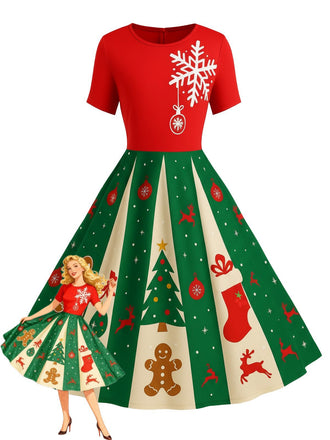 Rot & Grün 1950er Weihnachten Schneeflocke Swing Kleid