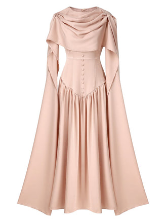 Beige 1950er Drapiert Renaissance Langarm Maxi Kleid