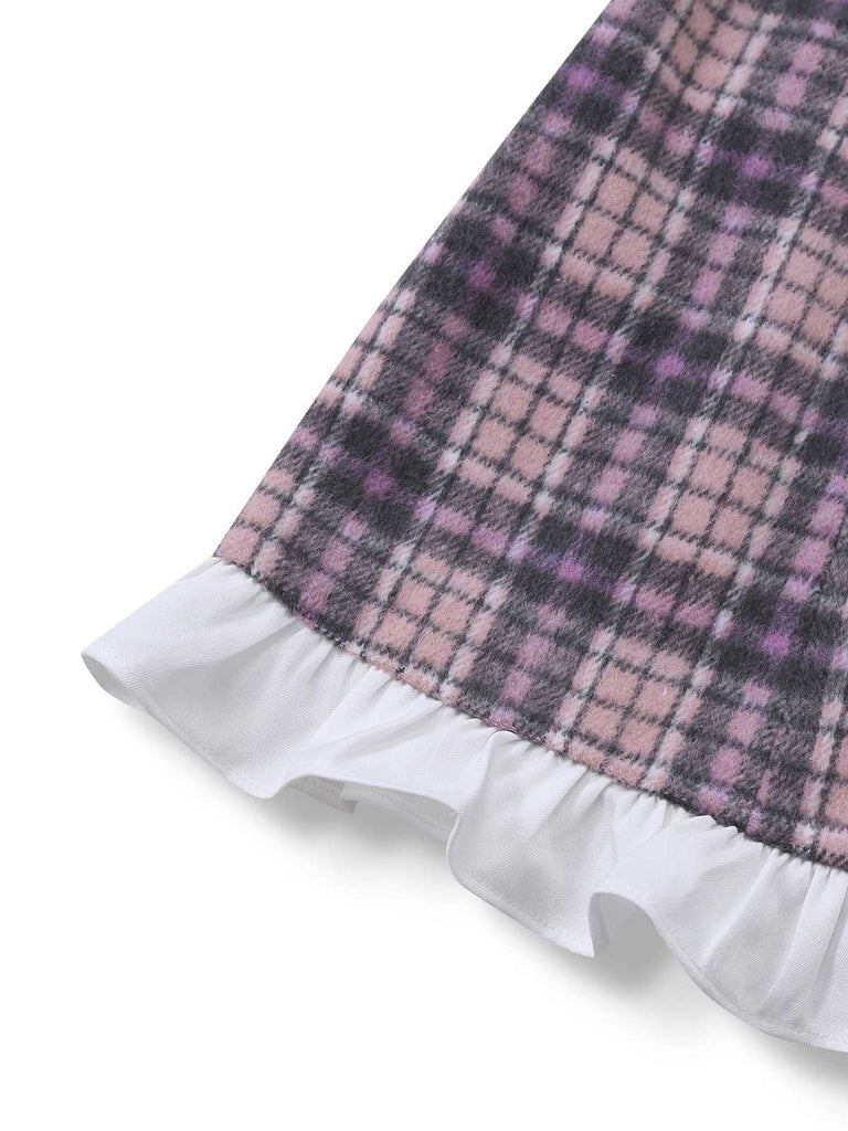 [Vorverkauf] Rosa 1960er Peter Pan Kragen Kariert Rüschen Saum Kleid