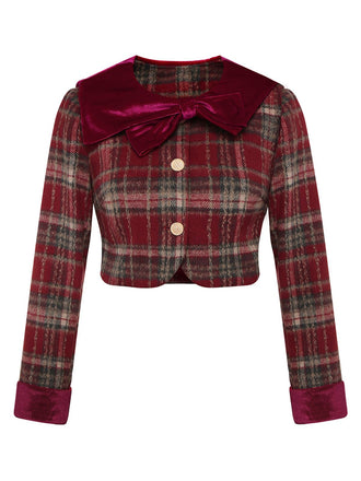 [Vorverkauf] Rot 1940er Flanell-Karo Samt Patchwork Jacke