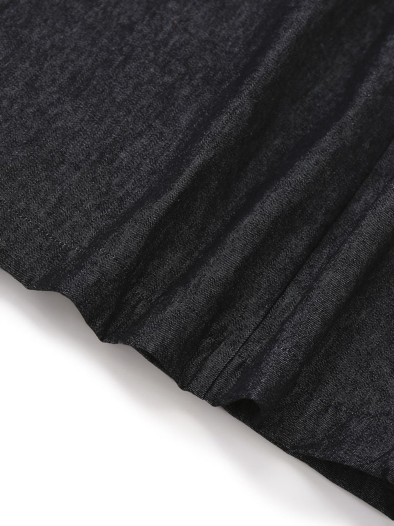 [Vorverkauf] Schwarz 1940er Kariert Jeansstoff Patchwork Kleid