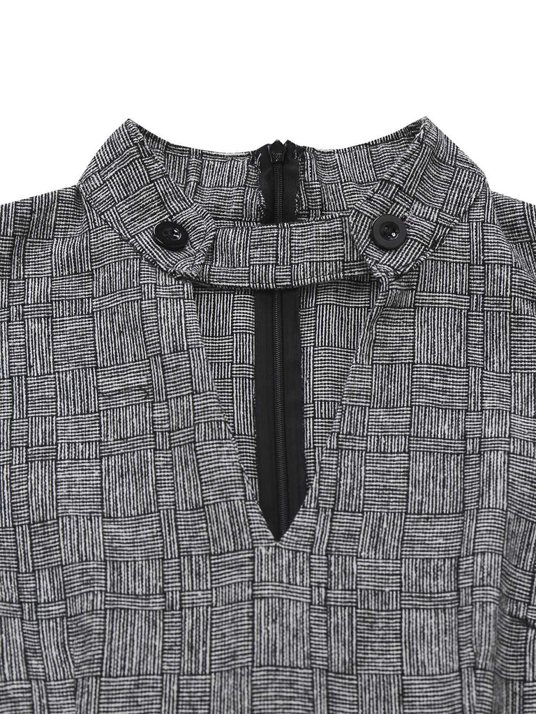 [Vorverkauf] Grau 1960er Taste Hochkragen Puffärmel Bleistift Kleid