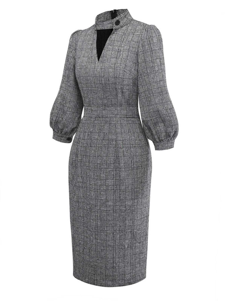 [Vorverkauf] Grau 1960er Taste Hochkragen Puffärmel Bleistift Kleid