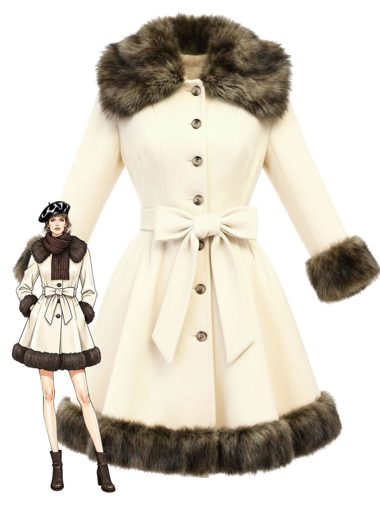 [Vorverkauf] Cremeweiß 1950er Pelzkragen Patchwork Mantel