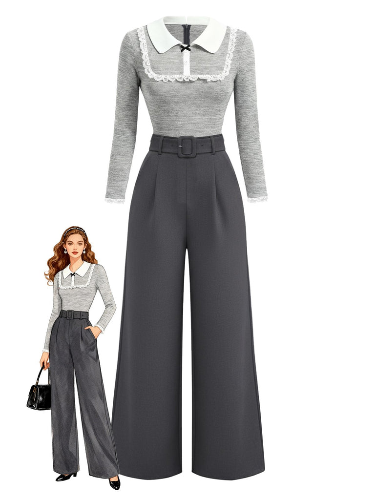 [Vorverkauf] Grau 1930er Stricken Patchwork Spitze Gürtel Jumpsuit
